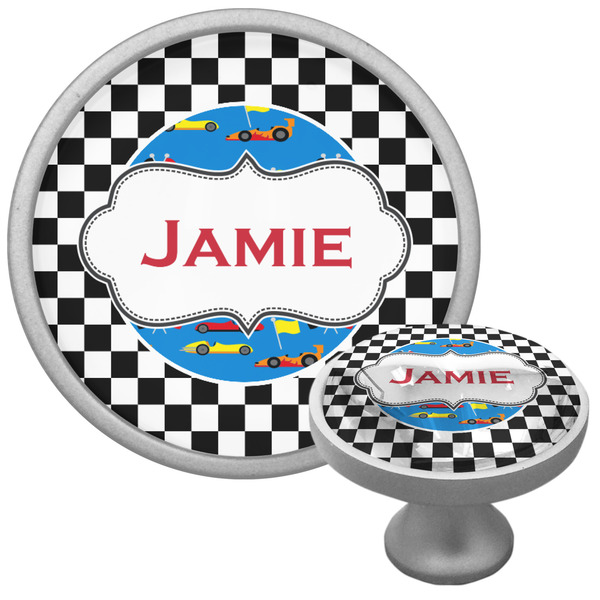 Custom Checkers & Racecars Cabinet Knob (Silver) (Personalized)