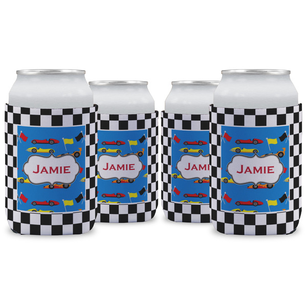 Custom Checkers & Racecars Can Cooler (12 oz) - Set of 4 w/ Name or Text