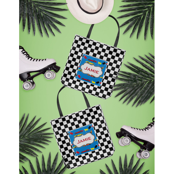 Checkers & Racecars Canvas Tote Lifestyle Front and Back- 13x13