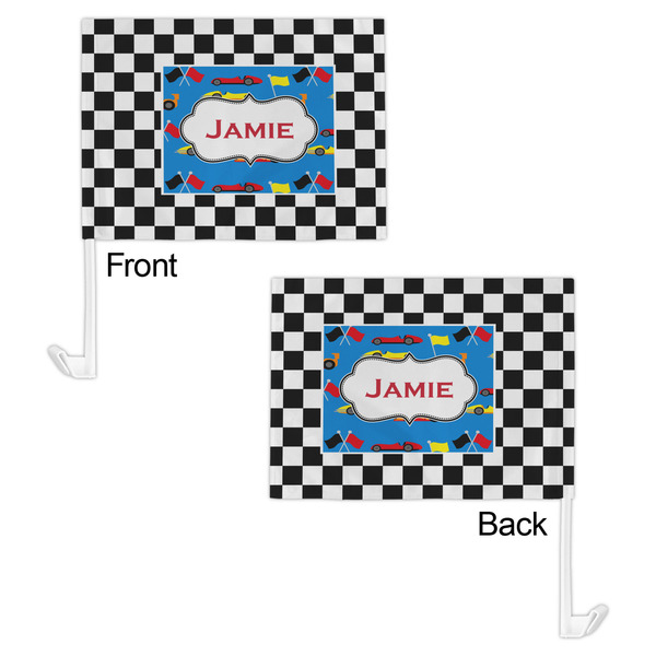 Checkers & Racecars Car Flag - 11" x 8" - Front & Back View