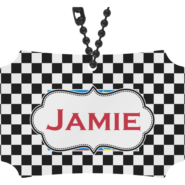 Custom Checkers & Racecars Rear View Mirror Ornament (Personalized)