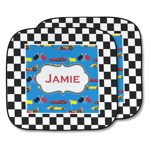 Custom Checkers & Racecars Car Sun Shade - Two Piece (Personalized)
