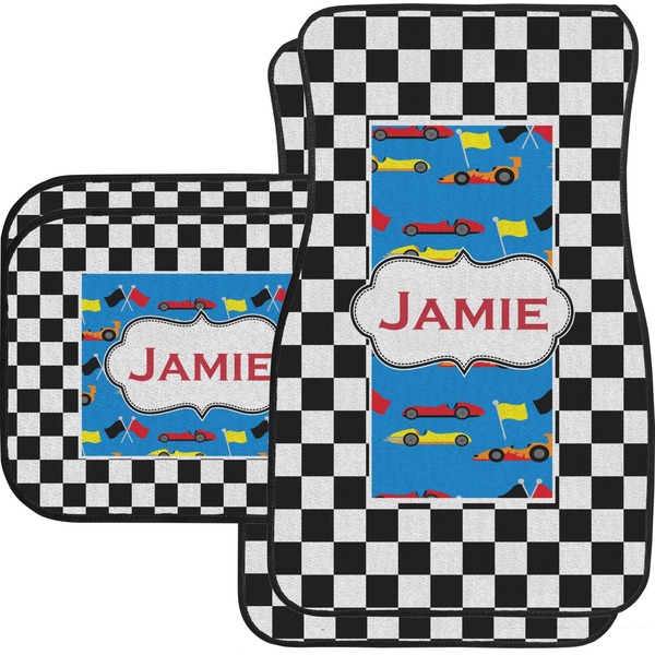 Custom Checkers & Racecars Car Floor Mats Set - 2 Front & 2 Back (Personalized)