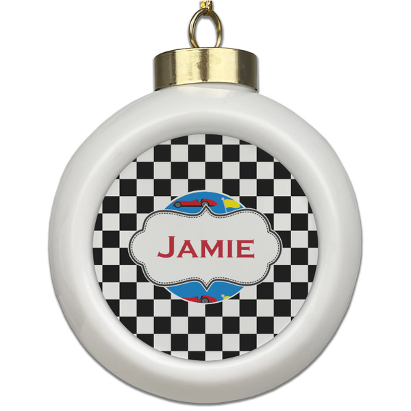 Custom Checkers & Racecars Ceramic Ball Ornament (Personalized)