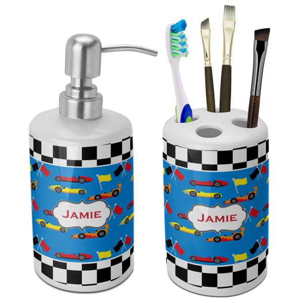Custom Checkers & Racecars Ceramic Bathroom Accessories Set (Personalized)