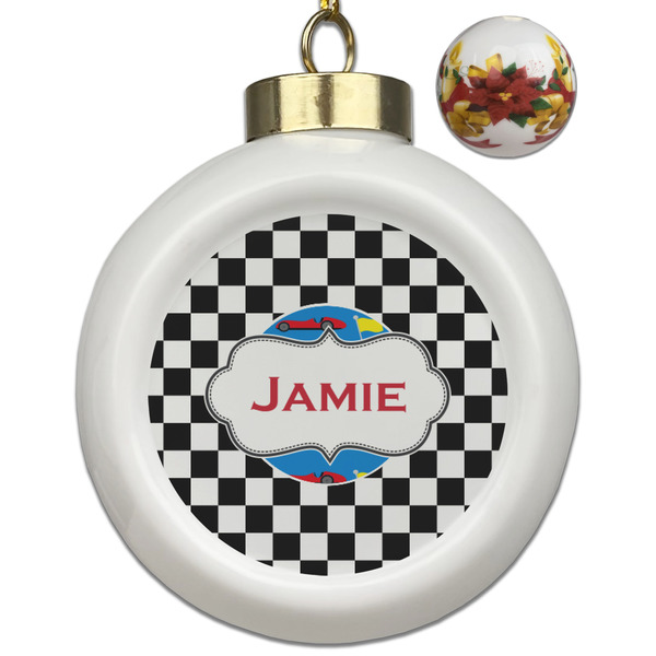 Custom Checkers & Racecars Ceramic Ball Ornaments - Poinsettia Garland (Personalized)