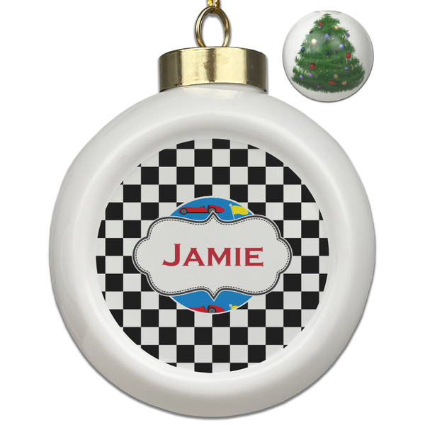 Custom Checkers & Racecars Ceramic Ball Ornament - Christmas Tree (Personalized)