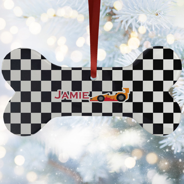 Custom Checkers & Racecars Ceramic Dog Ornament w/ Name or Text