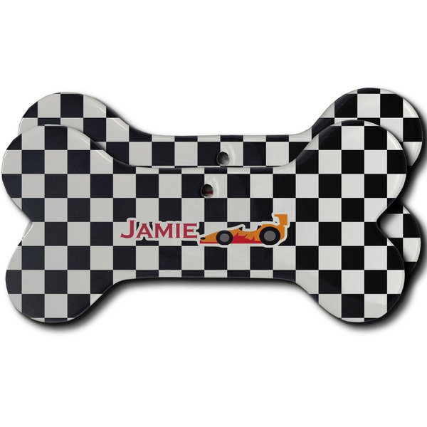 Custom Checkers & Racecars Ceramic Dog Ornament - Front & Back w/ Name or Text