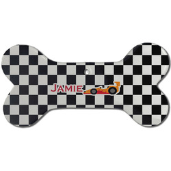 Checkers & Racecars Ceramic Dog Ornament - Front w/ Name or Text