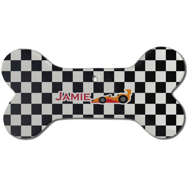 Custom Checkers & Racecars Ceramic Dog Ornament - Front w/ Name or Text