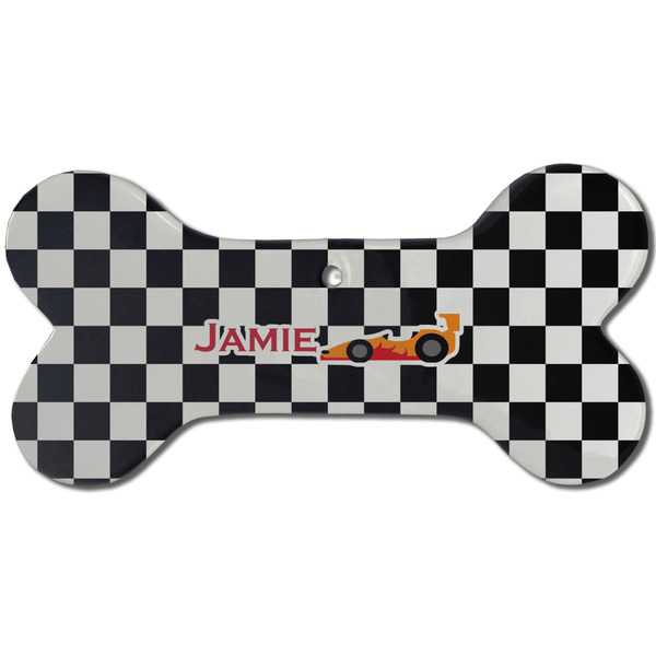 Checkers & Racecars Ceramic Flat Ornament - Bone Front