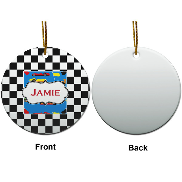 Checkers & Racecars Ceramic Flat Ornament - Circle Front & Back (APPROVAL)
