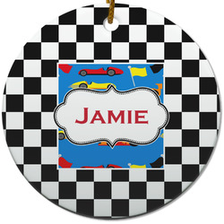 Checkers & Racecars Round Ceramic Ornament w/ Name or Text