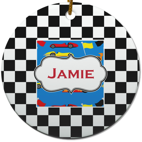 Checkers & Racecars Ceramic Flat Ornament - Circle (Front)