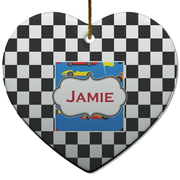 Custom Checkers & Racecars Heart Ceramic Ornament w/ Name or Text
