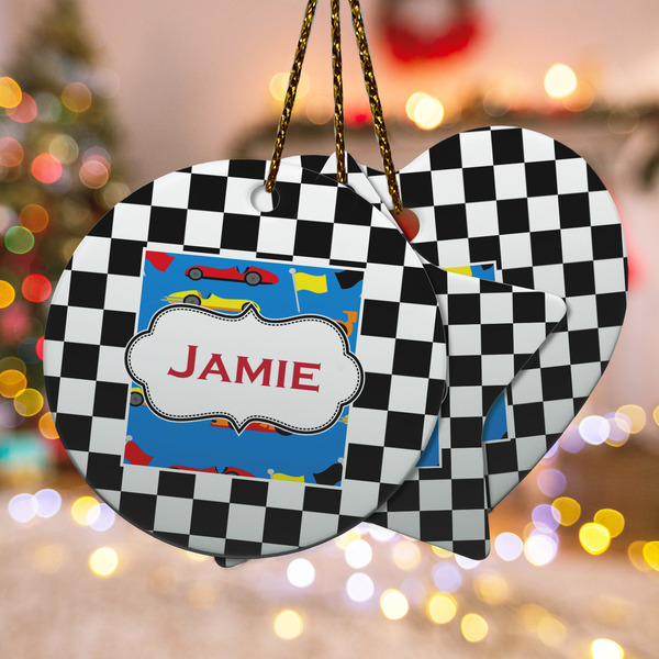 Custom Checkers & Racecars Ceramic Ornament w/ Name or Text