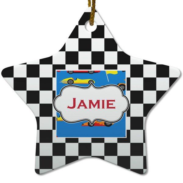 Custom Checkers & Racecars Star Ceramic Ornament w/ Name or Text