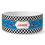 Checkers & Racecars Ceramic Dog Bowl (Personalized)