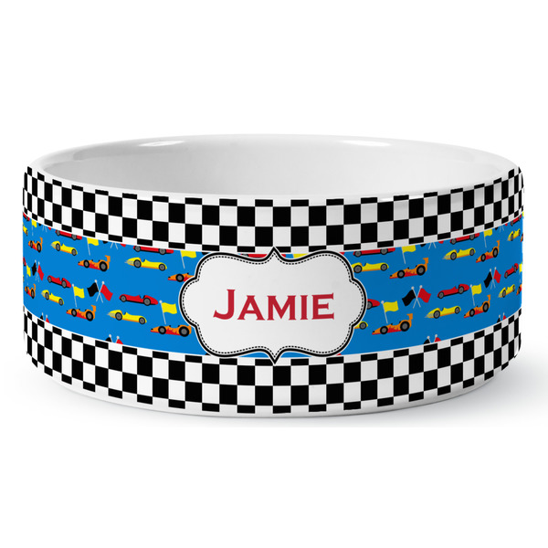Custom Checkers & Racecars Ceramic Dog Bowl - Large (Personalized)