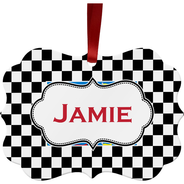 Custom Checkers & Racecars Metal Frame Ornament - Double Sided w/ Name or Text