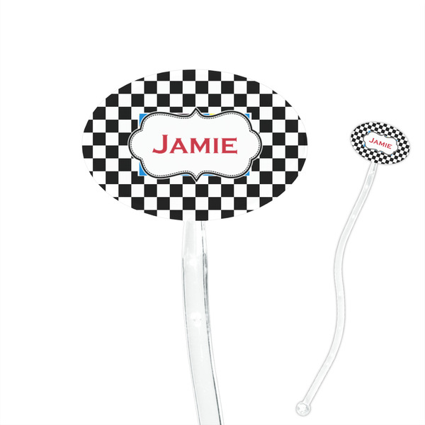 Custom Checkers & Racecars 7" Oval Plastic Stir Sticks - Clear (Personalized)