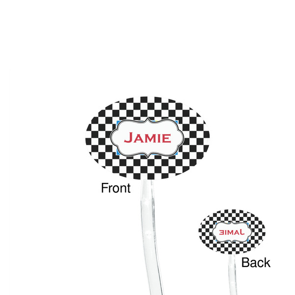 Checkers & Racecars Clear Plastic 7" Stir Stick - Oval - Front & Back