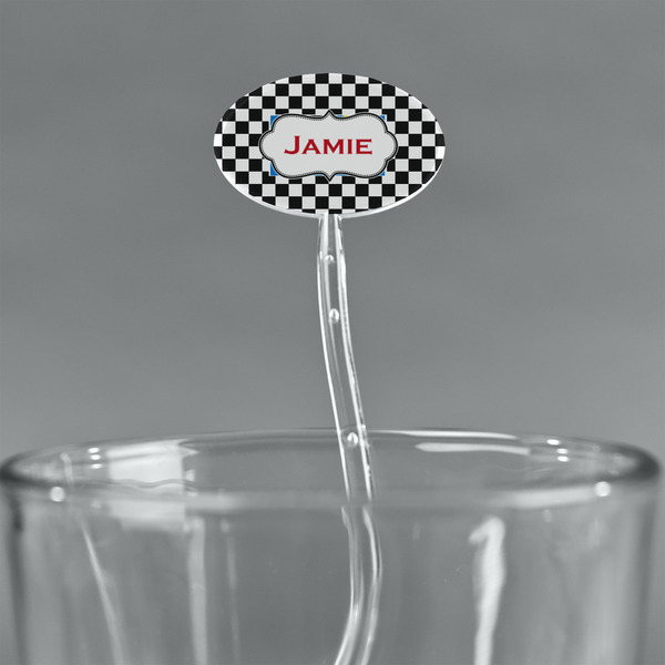 Checkers & Racecars Clear Plastic 7" Stir Stick - Oval - Main