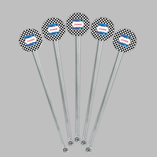 Checkers & Racecars Clear Plastic 7" Stir Stick - Round - Fan View