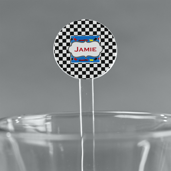 Custom Checkers & Racecars 5.5" Round Plastic Stir Sticks - Clear (Personalized)