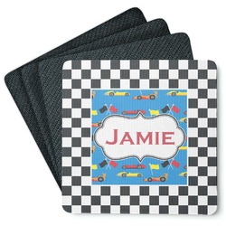 Checkers & Racecars Square Rubber Backed Coasters - Set of 4 (Personalized)