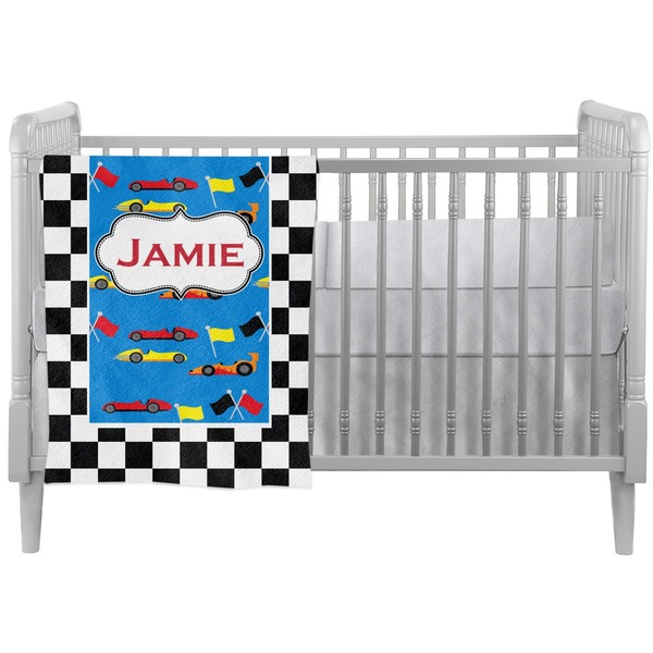 Custom Checkers & Racecars Crib Comforter / Quilt (Personalized)