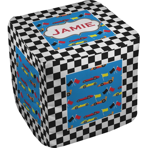 Custom Checkers & Racecars Cube Pouf Ottoman - 18" (Personalized)
