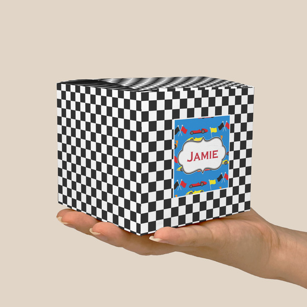 Checkers & Racecars Cube Favor Gift Box - On Hand - Scale View