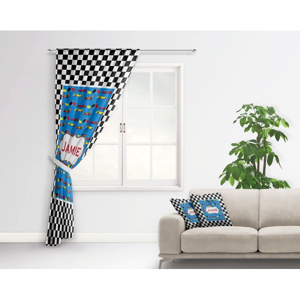 Checkers & Racecars Curtain With Window and Rod - in Room Matching Pillow