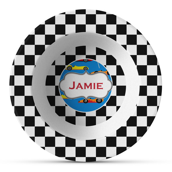 Custom Checkers & Racecars Plastic Bowl - Microwave Safe - Composite Polymer (Personalized)