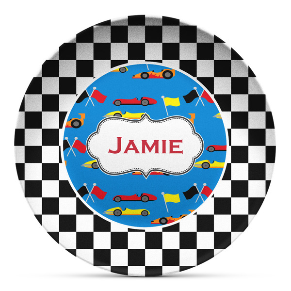 Custom Checkers & Racecars Microwave Safe Plastic Plate - Composite Polymer (Personalized)