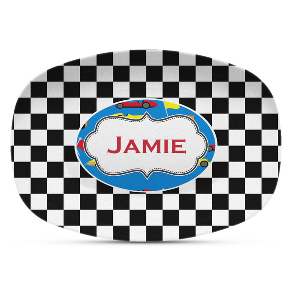 Custom Checkers & Racecars Plastic Platter - Microwave & Oven Safe Composite Polymer (Personalized)