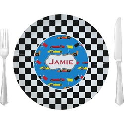Checkers & Racecars 10" Glass Lunch / Dinner Plates - Single or Set (Personalized)