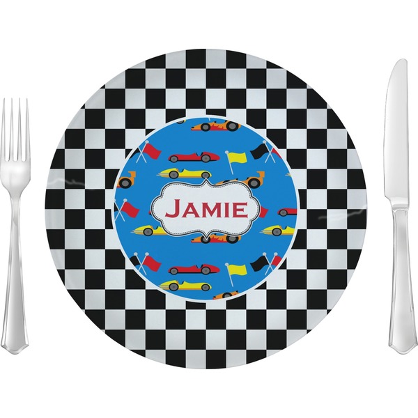 Custom Checkers & Racecars 10" Glass Lunch / Dinner Plates - Single or Set (Personalized)