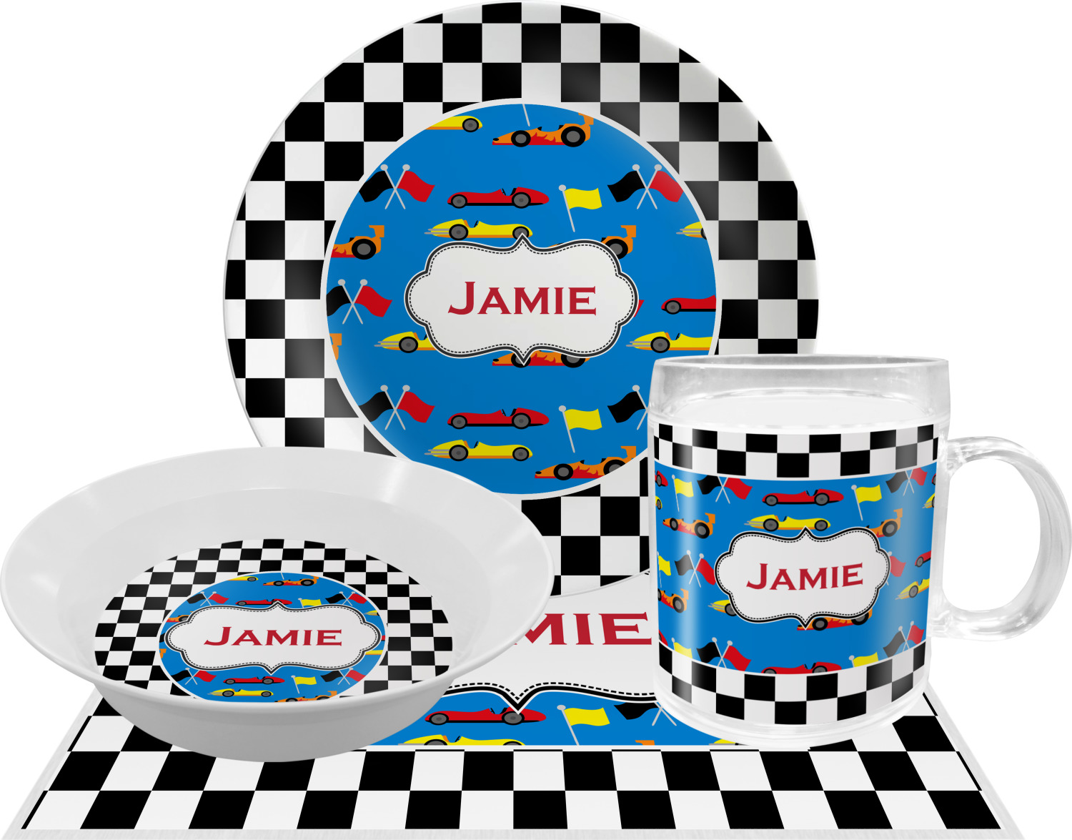 Checkers & Racecars Dinner Set 4 Pc (Personalized) YouCustomizeIt