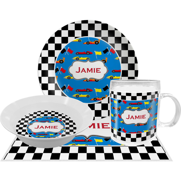Custom Checkers & Racecars Dinner Set - Single 4 Pc Setting w/ Name or Text