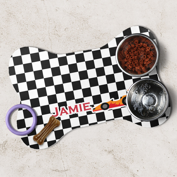 Checkers & Racecars Dog Bone Shaped Mat Lifestyle