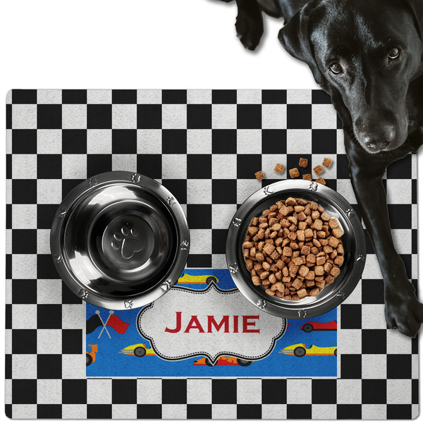 Custom Checkers & Racecars Dog Food Mat - Large w/ Name or Text