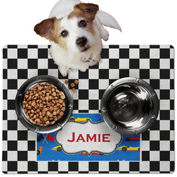 Checkers & Racecars Dog Food Mat - Medium w/ Name or Text