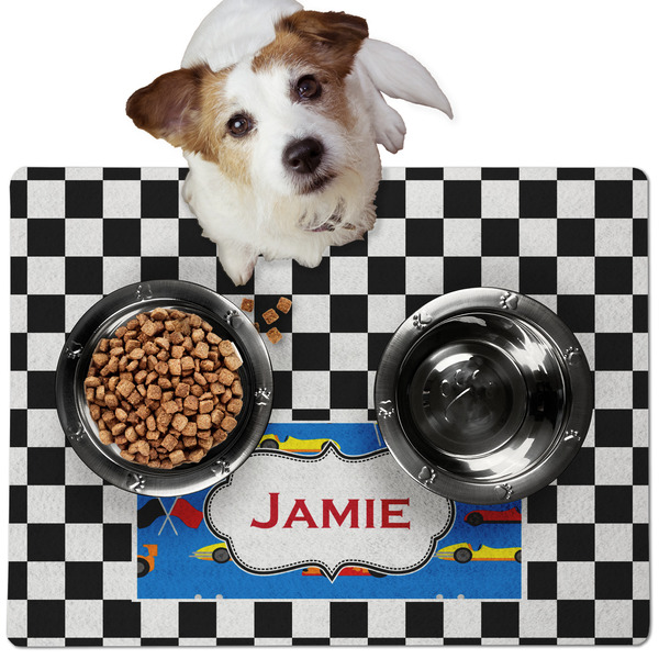 Custom Checkers & Racecars Dog Food Mat - Medium w/ Name or Text