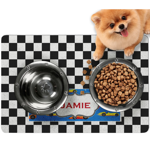 Custom Checkers & Racecars Dog Food Mat - Small w/ Name or Text