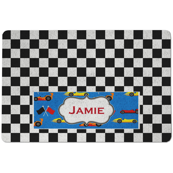 Custom Checkers & Racecars Dog Food Mat w/ Name or Text