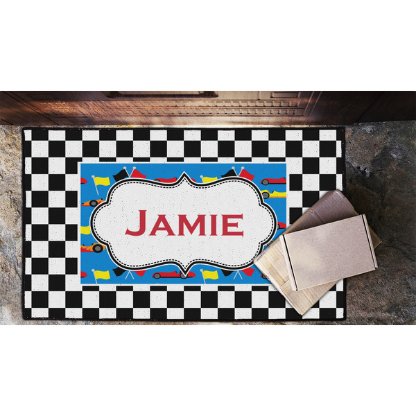 Checkers & Racecars Door Mat - LIFESTYLE (Lrg)