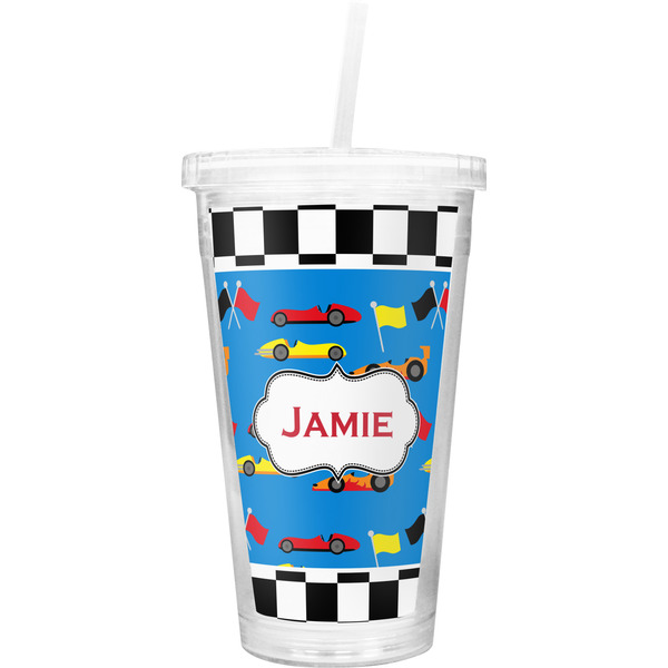 Custom Checkers & Racecars Double Wall Tumbler with Straw (Personalized)
